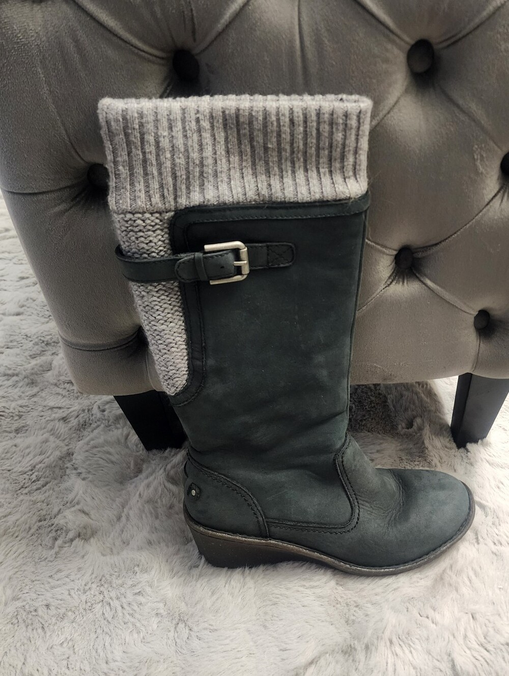 UGG Charcoal Gray Knit-Cuff Wedge Boots